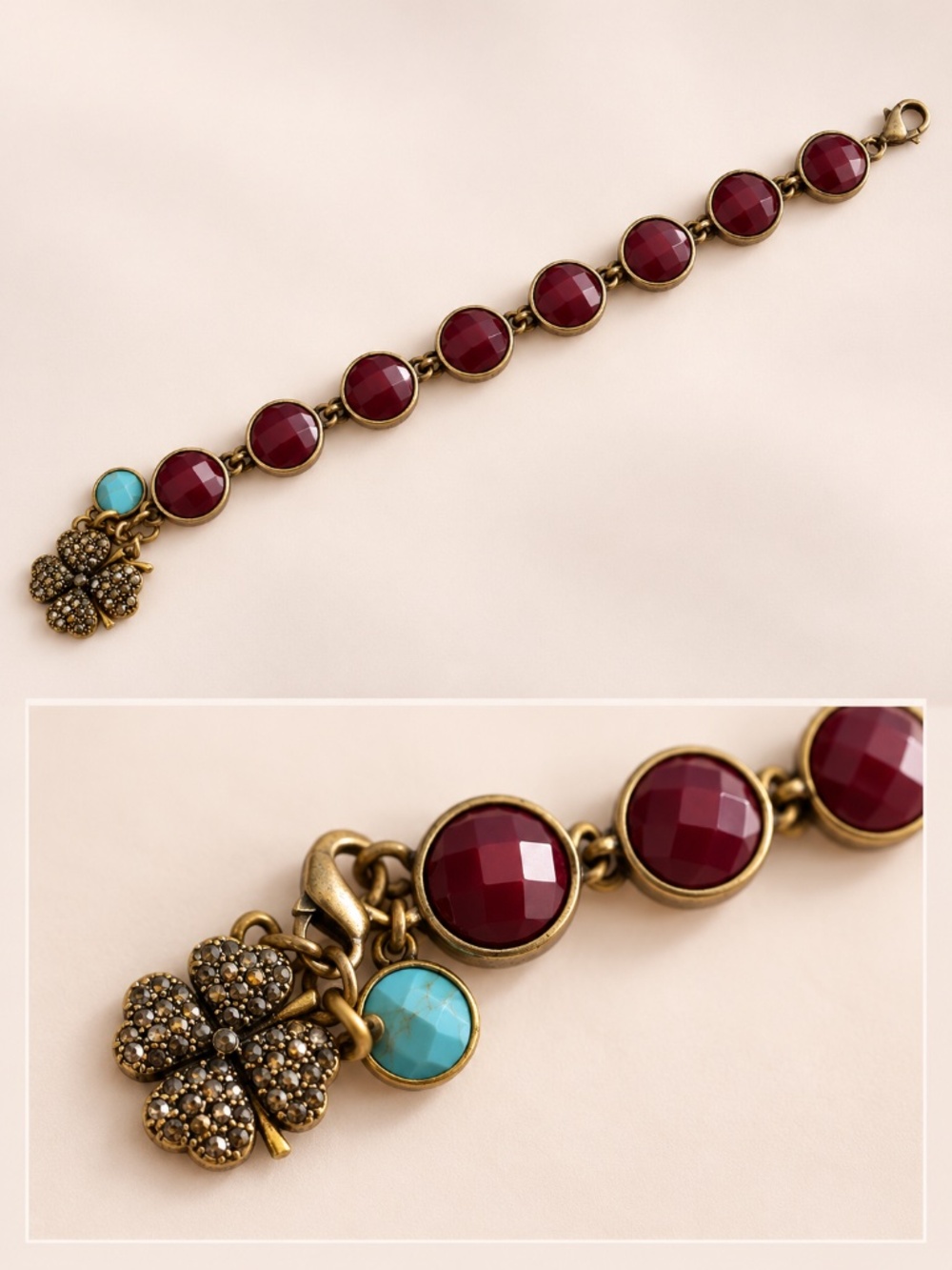 Gold-Tone Burgundy and Turquoise Charm Bracelet, 7 Inch